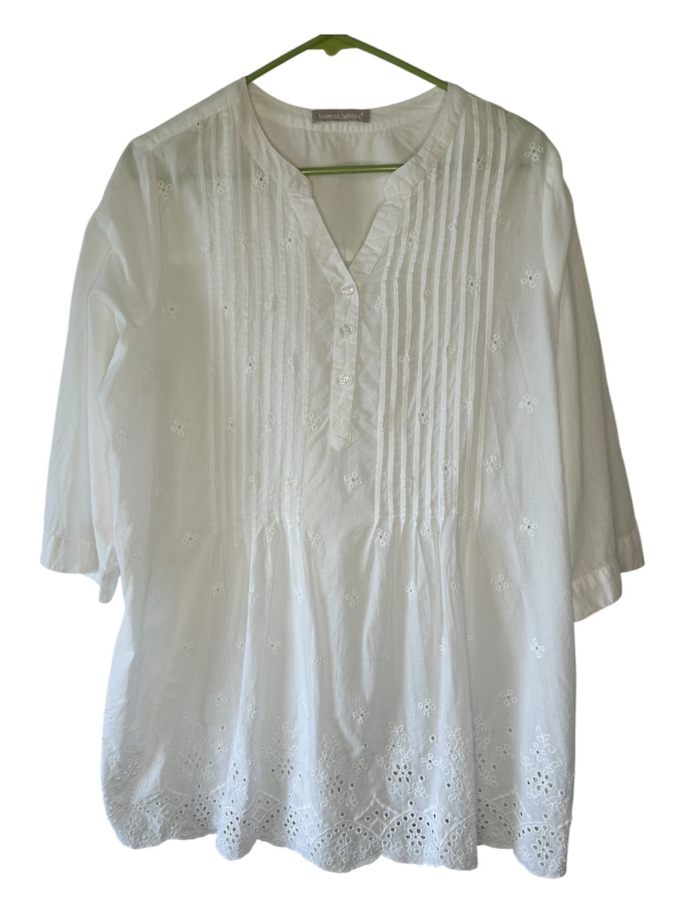 Woman Within White cotton Embroidered Pintuck Tunic Top boho beach cottage 14/16